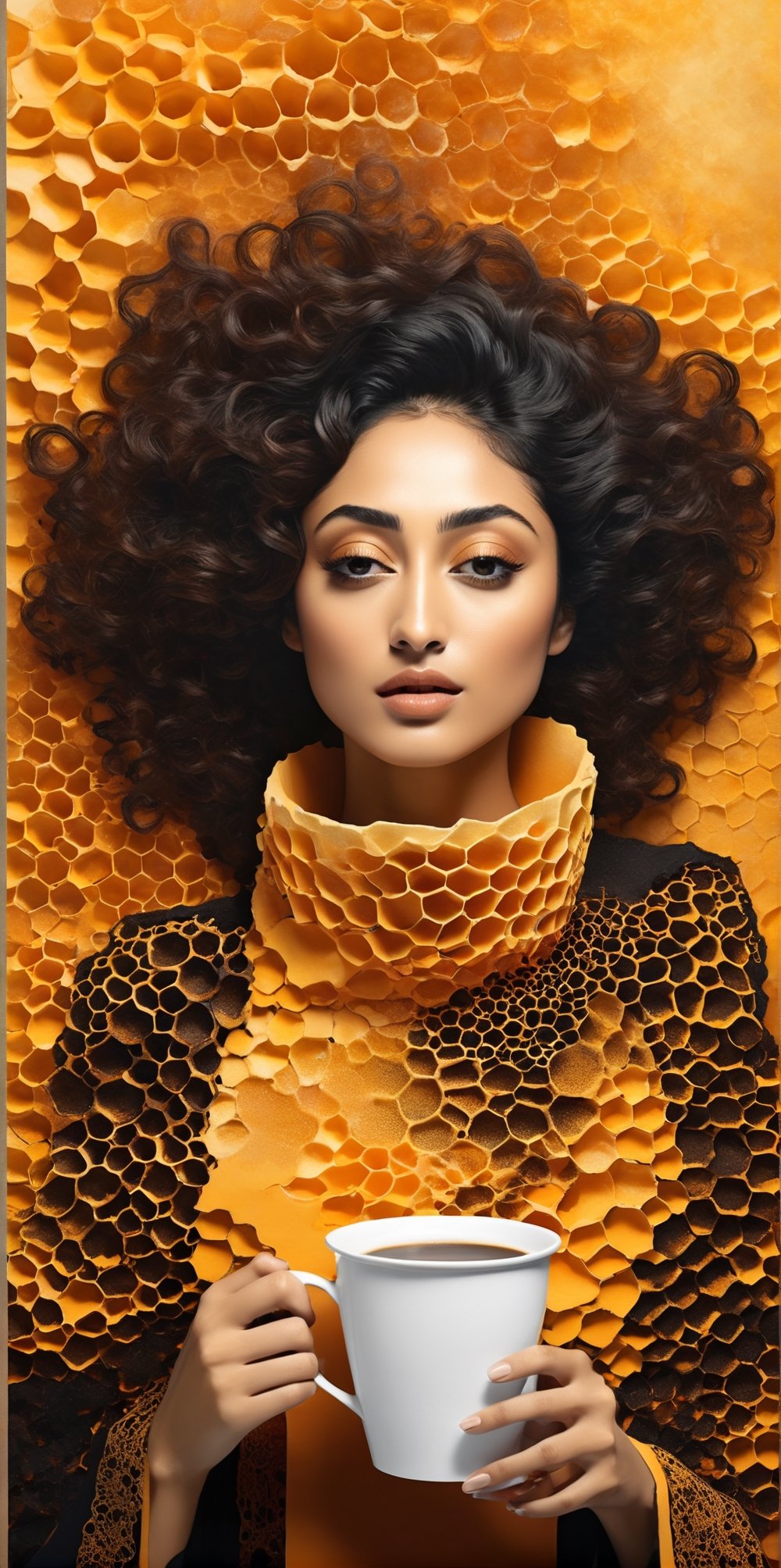 black and light orange colors, (((A degrated and burnt photo imatge))) of a stunningly digital work of an inverted honey comb pattern silhouette of a hiperrealistic and detailed Golshifteh Farahani with a steamy paper cup of coffee in her hand , 3d render, illustration, paintingv0.1, architecture, poster, typography, photo, 3d render, portrait photography