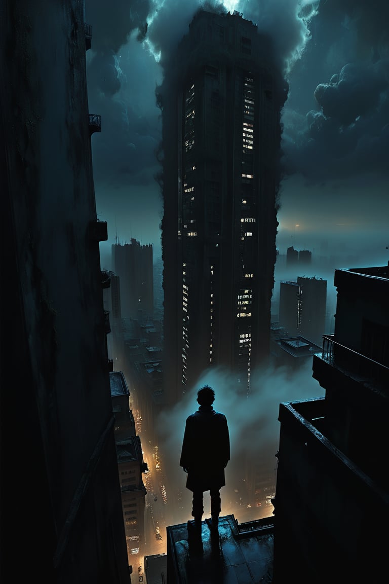  cloudy day, parkor person looking down at the street from balcony on top a giant sky scraper , looking down at streets bekbelo, , a strong fog near the building is seen overtaking the street below casting shadows, darkend sky, dark clouds, night time, art by ZdzisLaw Beksinski,
sharp focus, high quality, 4k high resolution,
dagobahlnd 