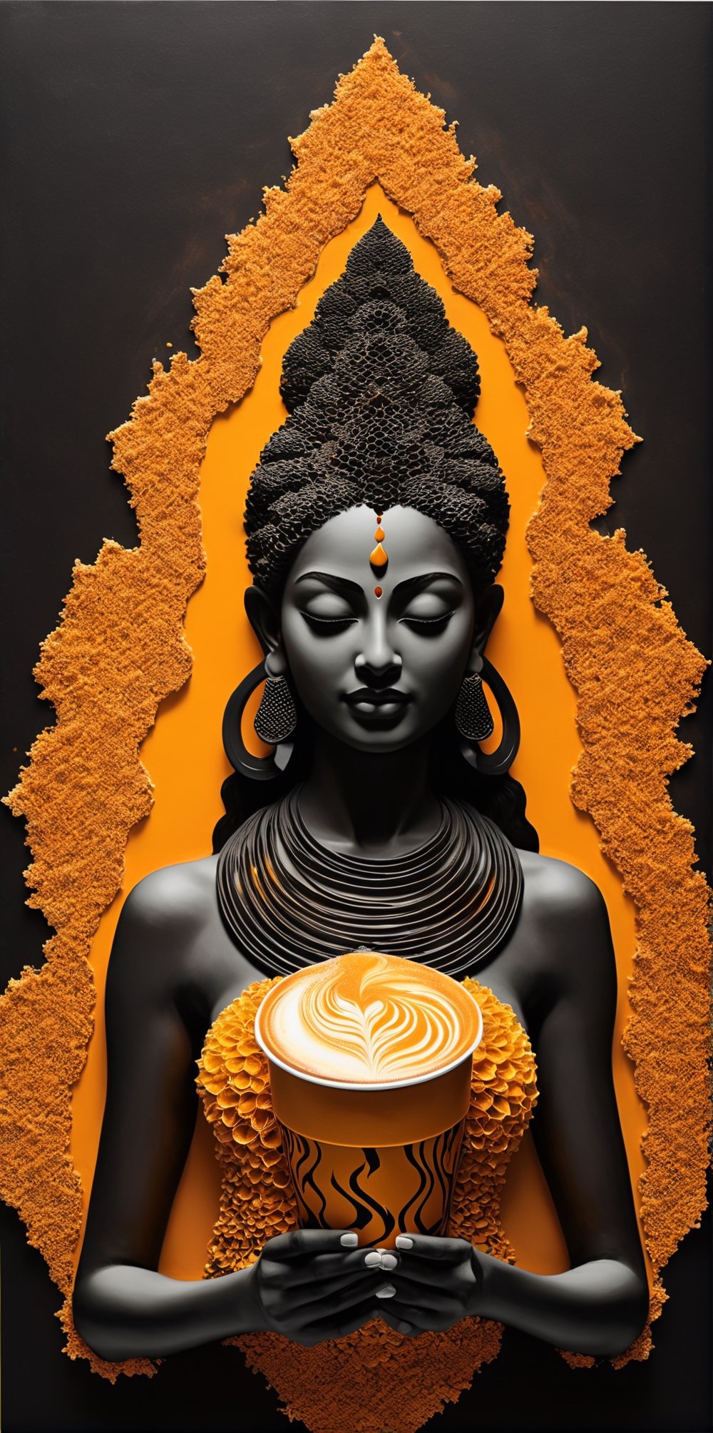 black and light orange colors, (((A degrated and burnt photo imatge))) of a stunningly digital work of an inverted honey comb pattern silhouette of a hiperrealistic and detailed Shiva Kalaiselvan with a steamy paper cup of coffee in her hand , 3d render, illustration, paintingv0.1, architecture, poster, typography, photo, 3d render, portrait photography