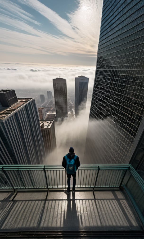 cloudy day, parkor person looking down at the street from balcony on top a giant sky scraper , looking down at streets bekbelo, , a strong fog near the building is seen overtaking the street below  casting shadows, darkend sky, dark clouds, night time
posted in mesmerizing 16K resolution