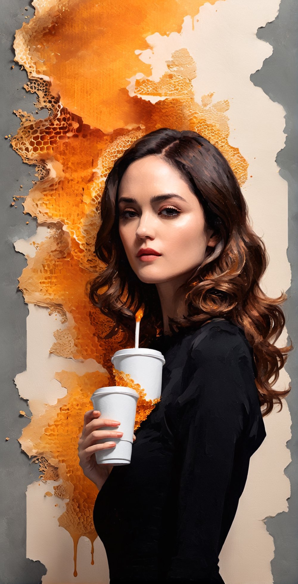 black and light orange colors, (((A degrated and burnt photo imatge))) of a stunningly digital work of an inverted honey comb pattern silhouette of a hiperrealistic and detailed Rose Byrne with a steamy paper cup of coffee in her hand , 3d render, illustration, paintingv0.1, architecture, poster, typography, photo, 3d render, portrait photography, 