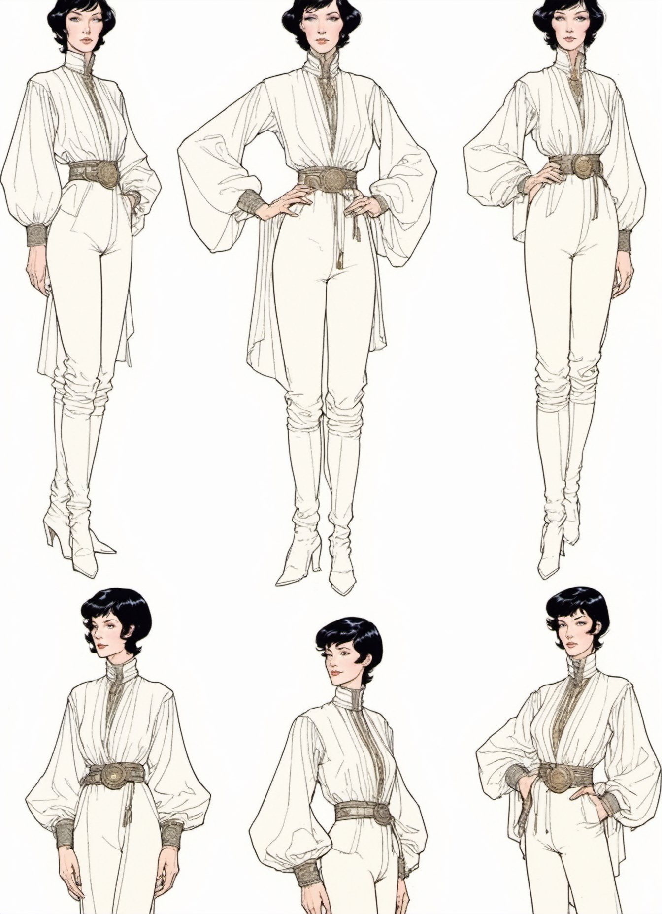 
Jean Giraud ((Moebius style)), Character Sheet, white pale skin Niamh Algar, short black hair, with a natural sheen, Multiple poses, (((side full body))), varieties expressions, Highly detailed, multiple views, photorealistic
 