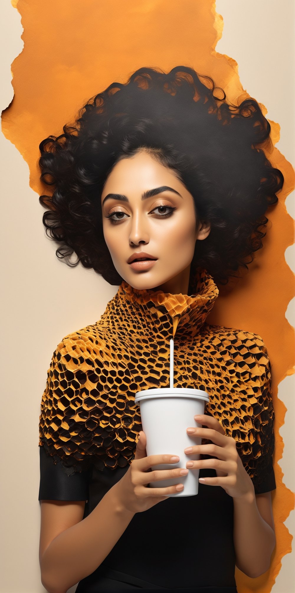 black and light orange colors, (((A degrated and burnt photo imatge))) of a stunningly digital work of an inverted honey comb pattern silhouette of a hiperrealistic and detailed Golshifteh Farahani with a steamy paper cup of coffee in her hand , 3d render, illustration, paintingv0.1, architecture, poster, typography, photo, 3d render, portrait photography