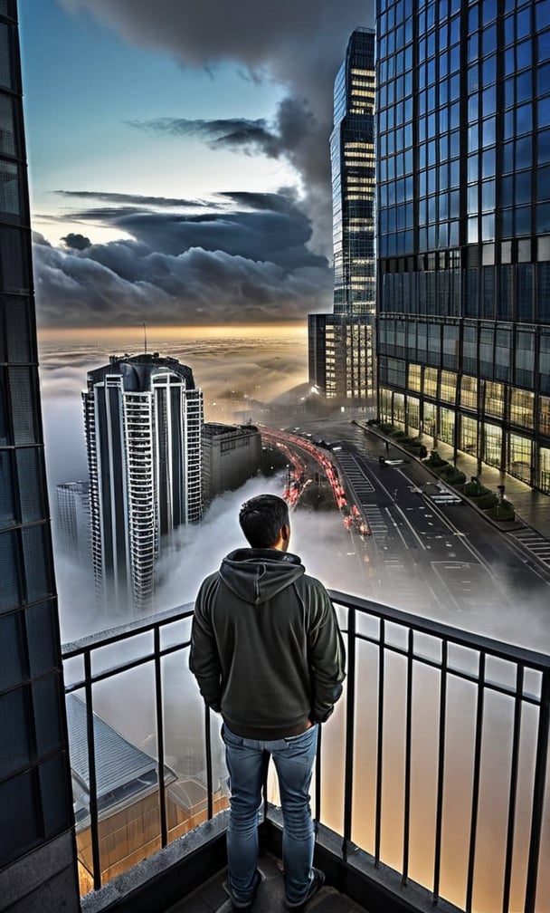 parkor person looking down at the street from balcony o top a giant sky scraper , looking down at streets bekbelo, , a strong fog near the building is seen overtaking the street below  casting shadows, darkend sky, dark clouds, night time
posted in mesmerizing 16K resolution