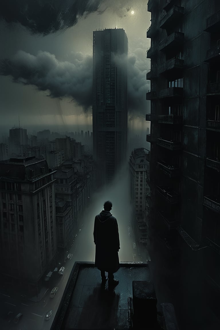  cloudy day, parkor person looking down at the street from balcony on top a giant sky scraper , looking down at streets bekbelo, , a strong fog near the building is seen overtaking the street below casting shadows, black sky, dark clouds, night time, art by ZdzisLaw Beksinski,
sharp focus, high quality, 4k high resolution,
dagobahlnd 