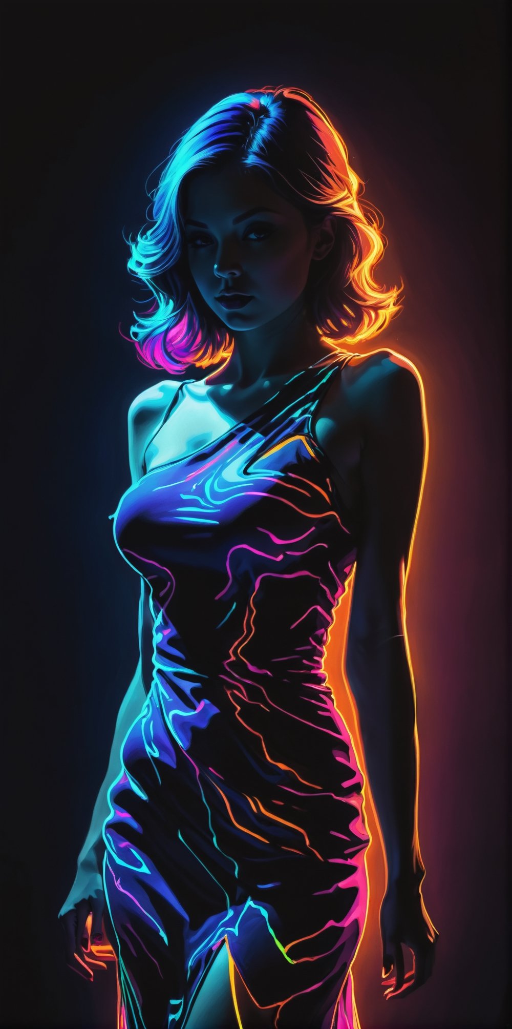 Silhouette of woman , neon light dress illuminates her body in shadow, in the style of coloring book comic, upper body covered in dark shadows, full body, raw hand drawn style, cinematic, photo,(best quality