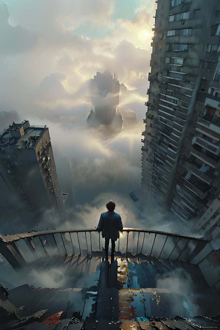  cloudy day, parkor person looking down at the street from balcony on top a giant sky scraper , looking down at streets bekbelo, , a strong fog near the building is seen overtaking the street below casting shadows, black sky, dark clouds, night time, art by ZdzisLaw Beksinski,
sharp focus, high quality, 4k high resolution,
dagobahlnd 