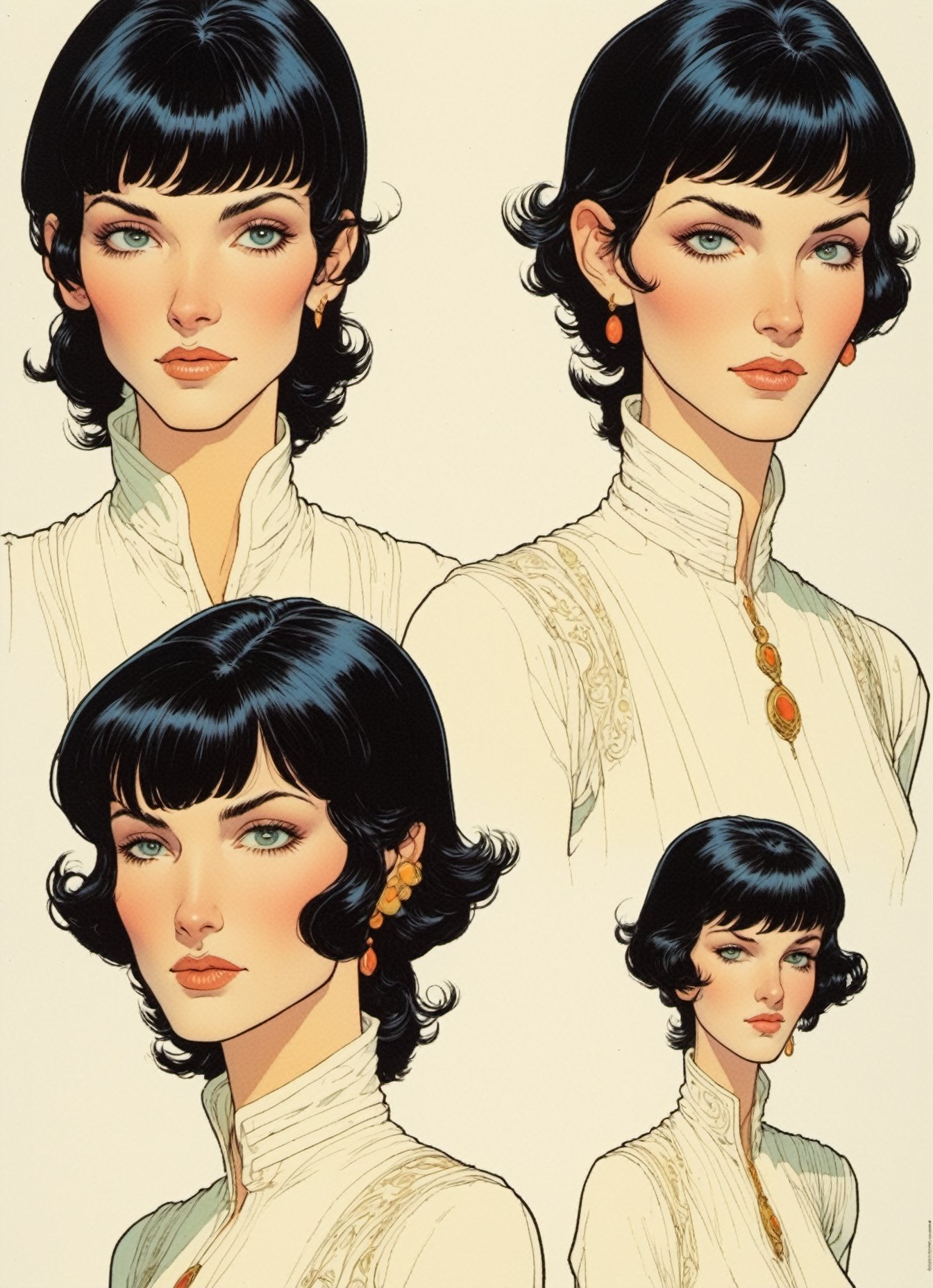 
Jean Giraud ((Moebius style)), Character Sheet, white pale skin Niamh Algar, short black hair, with a natural sheen, Multiple poses, (((side full body))), varieties expressions, Highly detailed, multiple views, photorealistic
 