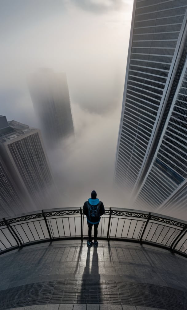 cloudy day, parkor person looking down at the street from balcony on top a giant sky scraper , looking down at streets bekbelo, , a strong fog near the building is seen overtaking the street below  casting shadows, darkend sky, dark clouds, night time
posted in mesmerizing 16K resolution