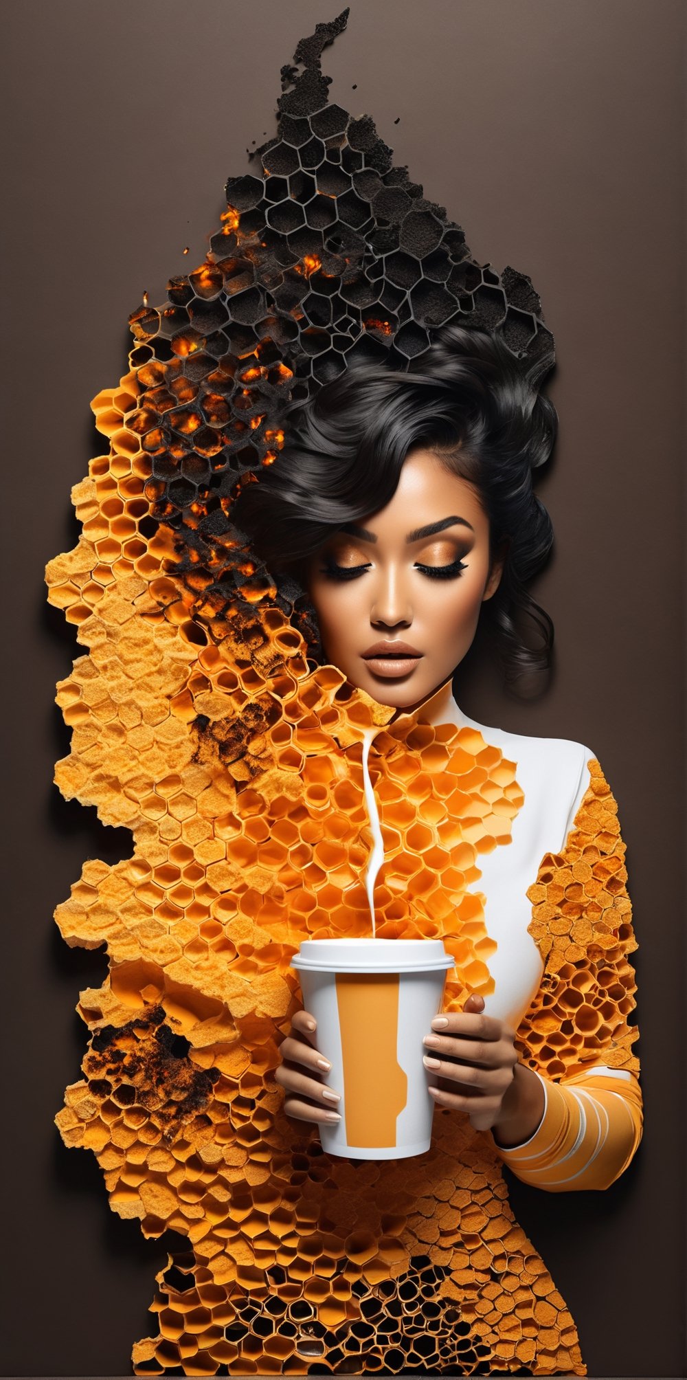 black and light orange colors, (((A degrated and burnt photo imatge))) of a stunningly digital work of an inverted honey comb pattern silhouette of a hiperrealistic and detailed Shay Mitchell with a steamy paper cup of coffee in her hand , 3d render, illustration, paintingv0.1, architecture, poster, typography, photo, 3d render, portrait photography