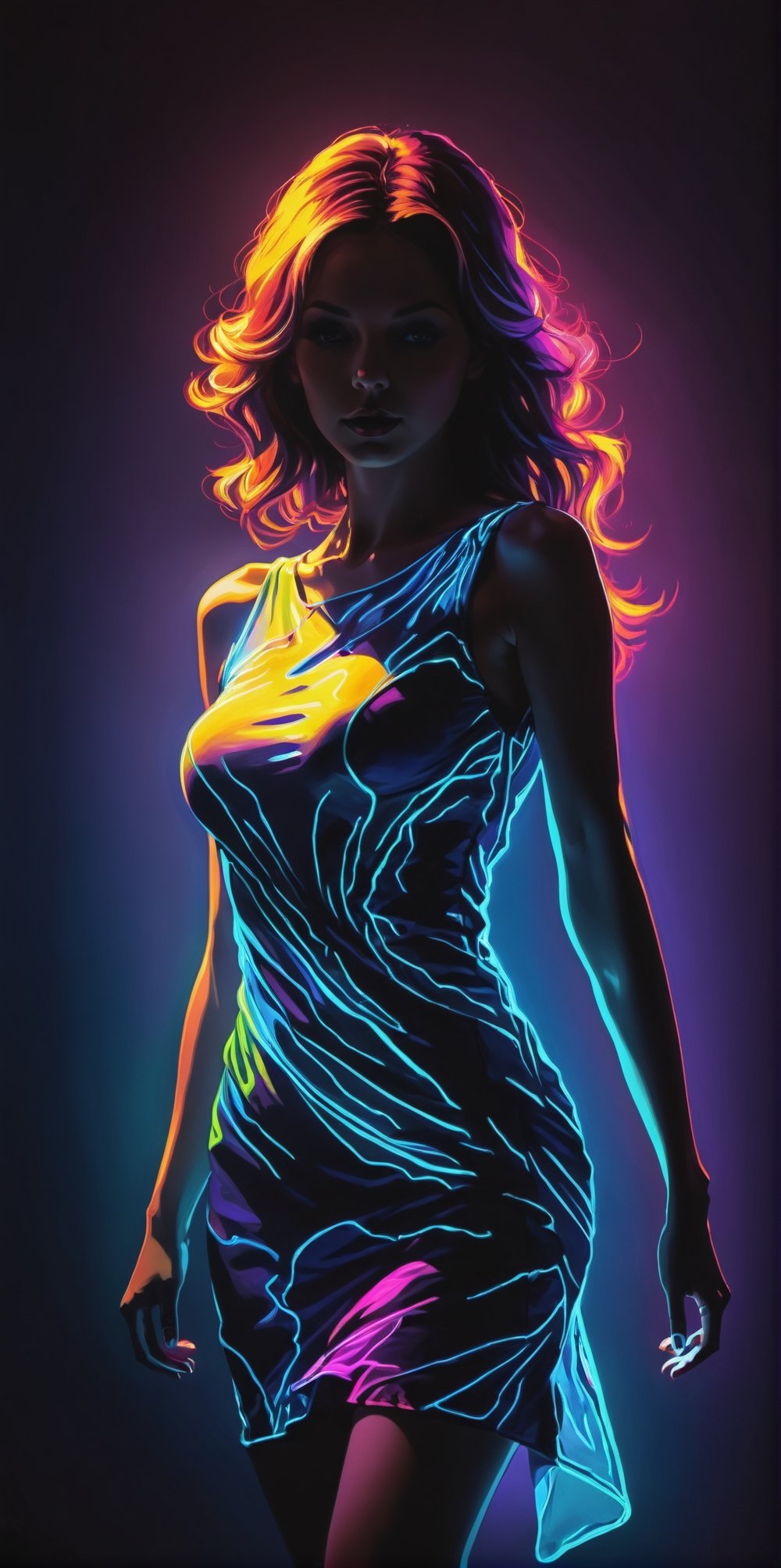 Silhouette of woman , neon light dress illuminates her body in shadow, in the style of coloring book comic, upper body covered in dark shadows, full body, raw hand drawn style, cinematic, photo,(best quality