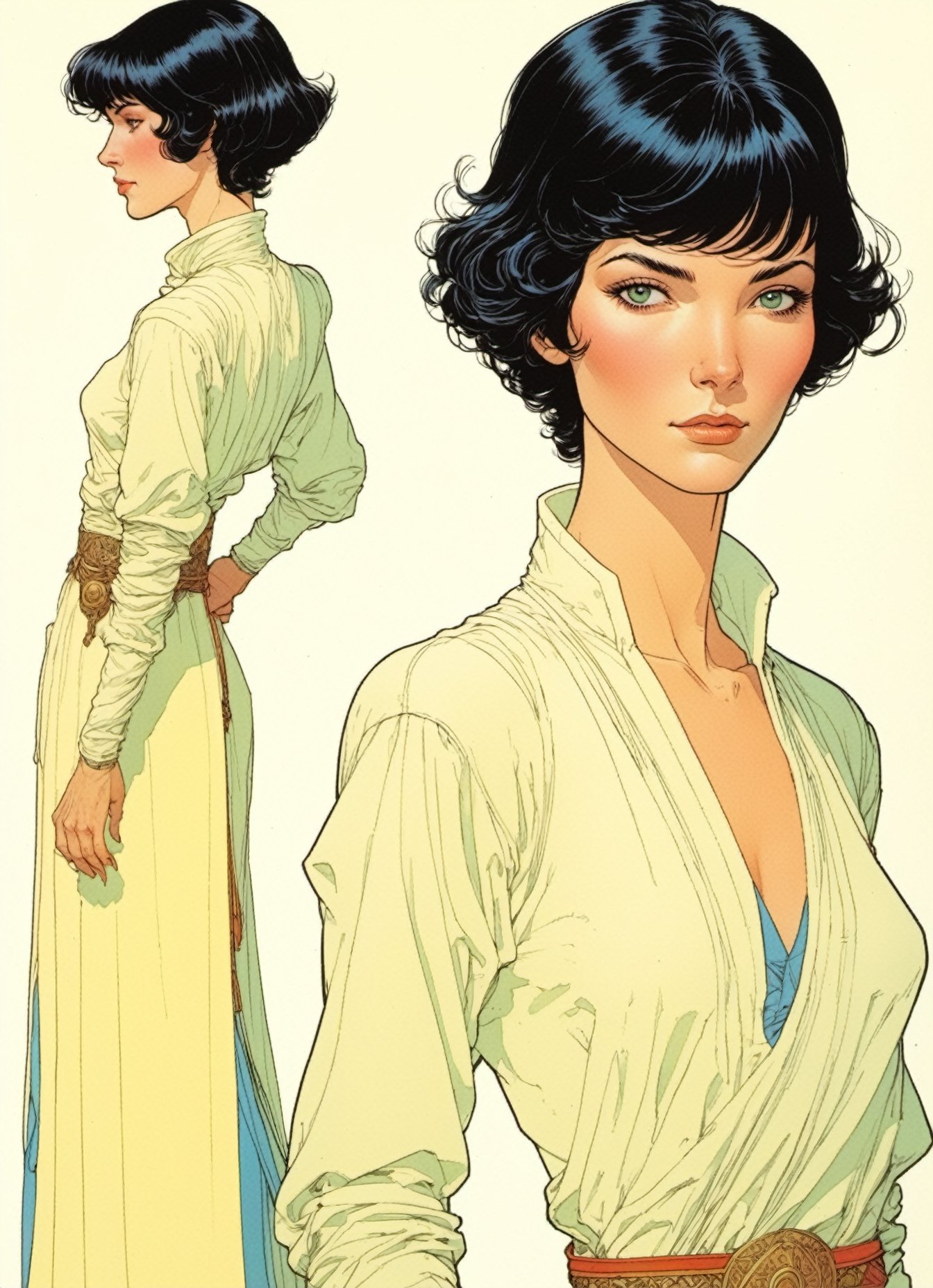 
Jean Giraud ((Moebius style)), Character Sheet, white pale skin Niamh Algar, short black hair, with a natural sheen, Multiple poses, (((side full body))), varieties expressions, Highly detailed, multiple views, photorealistic
 