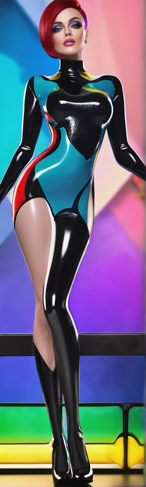((masterpiece, best quality)),black mini dress ,detailed face,detailed hands, vibrant artwork,Realism,Detailedface,good anatomy,complex_background,beauty,multicolored_hair,european,8k,HD,best shot,focus, short hair,REALISTIC,open jacket,big_hips,full_body,epic,
charismatic,bare legs,High detailed,big thighs,soft makeup,High detailed ,Color magic,standing