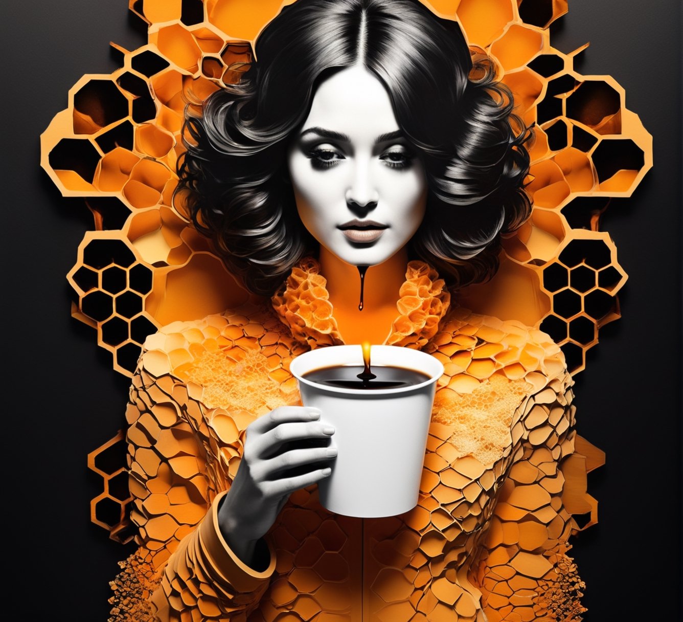 black and light orange colors, (((A degrated and burnt photo imatge))) of a stunningly digital work of an inverted honey comb pattern silhouette of a hiperrealistic and detailed Rose Byrne with a steamy paper cup of coffee in her hand , 3d render, illustration, paintingv0.1, architecture, poster, typography, photo, 3d render, portrait photography