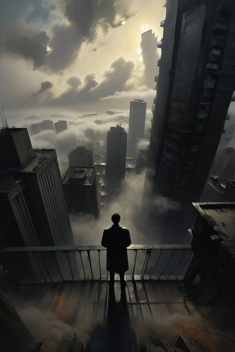  cloudy day, parkor person looking down at the street from balcony on top a giant sky scraper , looking down at streets bekbelo, , a strong fog near the building is seen overtaking the street below casting shadows, black sky, dark clouds, night time, art by ZdzisLaw Beksinski,
sharp focus, high quality, 4k high resolution,
dagobahlnd 