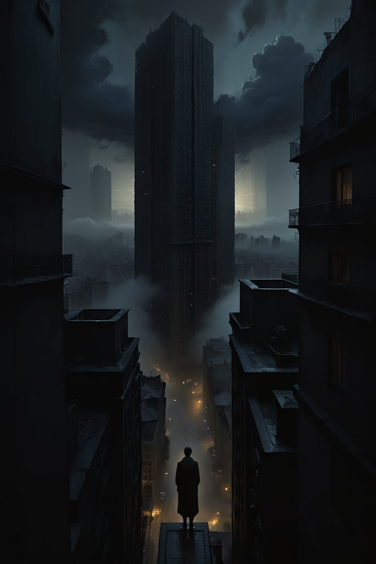  cloudy day, parkor person looking down at the street from balcony on top a giant sky scraper , looking down at streets bekbelo, , a strong fog near the building is seen overtaking the street below casting shadows, black sky, dark clouds, night time, art by ZdzisLaw Beksinski,
sharp focus, high quality, 4k high resolution,
dagobahlnd 