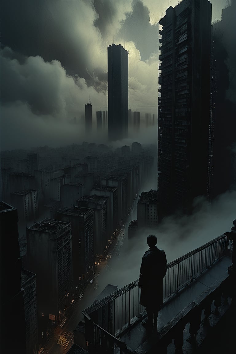  cloudy day, parkor person looking down at the street from balcony on top a giant sky scraper , looking down at streets bekbelo, , a strong fog near the building is seen overtaking the street below casting shadows, black sky, dark clouds, night time, art by ZdzisLaw Beksinski,
sharp focus, high quality, 4k high resolution,
dagobahlnd 