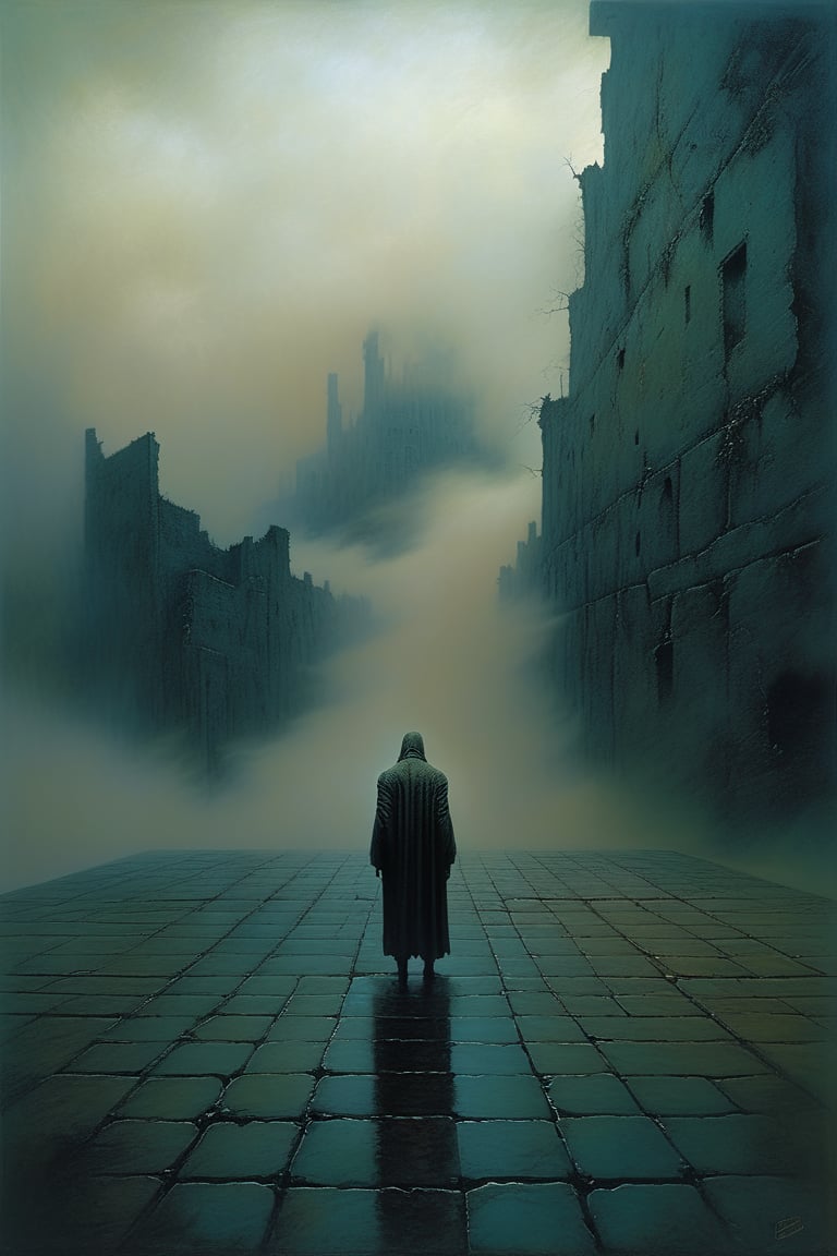  cloudy night, parkor person looking down from on top a giant balcony ,  labyrinth below, , a strong fog  is seen overtaking the labyrinthbelow casting shadows, blackness, dark clouds, night time, art by ZdzisLaw Beksinski, sharp focus, high quality, 4k high resolution, dagobahlnd, art by ZdzisLaw Beksinski,
sharp focus, high quality, 4k high resolution,
dagobahlnd 