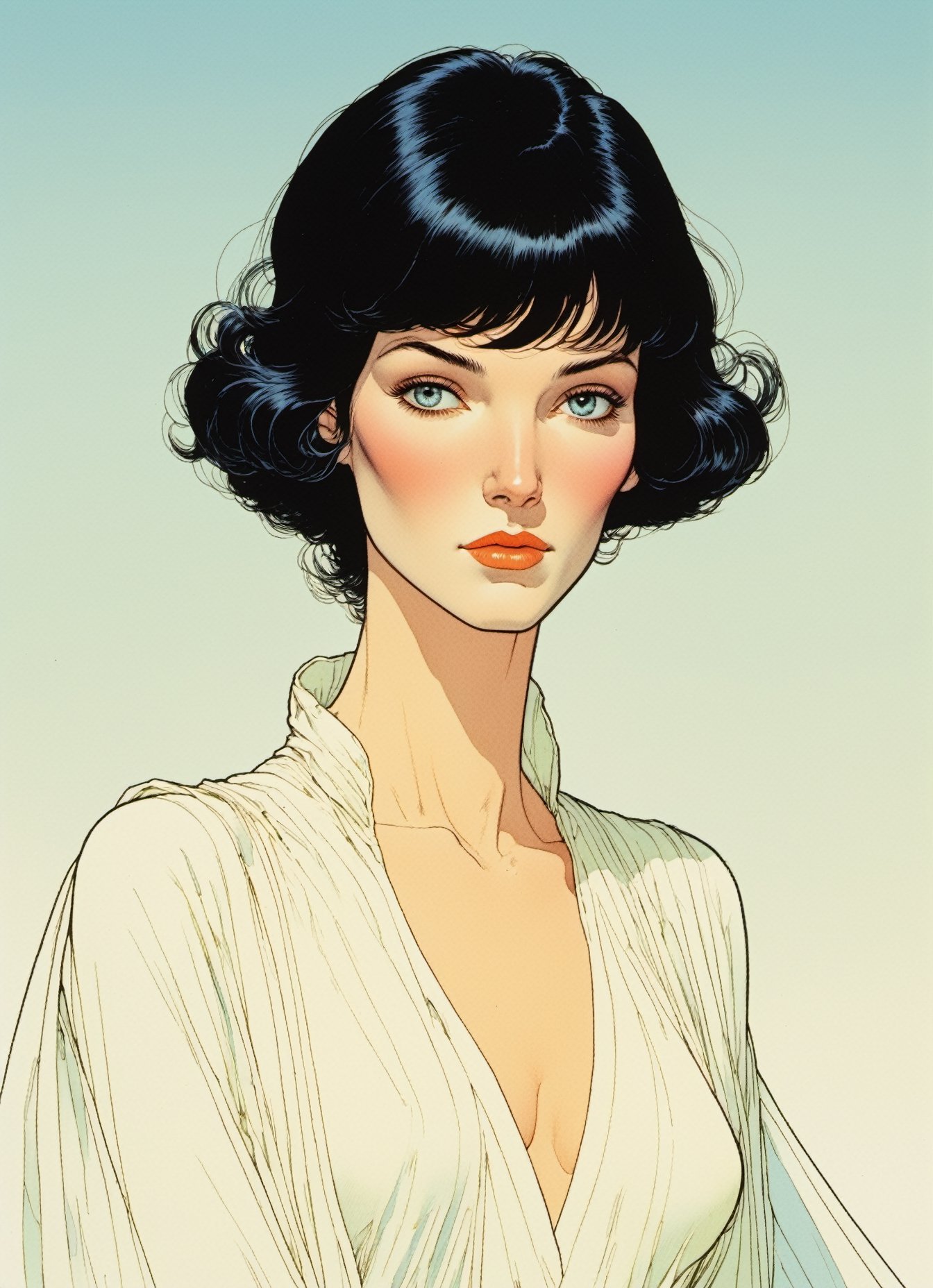 
Jean Giraud ((Moebius style)), CharacterSheet, white pale skin Niamh Algar , tall 6 feet tall , slightly raised eyebrows, (((delicate facial features))), short black hair, with a natural sheen, Multiple poses, (((side full body))), varieties expressions, Highly detailed, multiple views, photorealistic
 