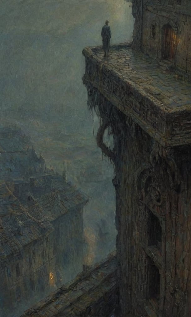  cloudy night, parkor person looking down from on top a giant balcony ,  labyrinth below, , a strong fog  is seen overtaking the labyrinthbelow casting shadows, blackness, dark clouds, night time, art by ZdzisLaw Beksinski, sharp focus, high quality, 4k high resolution, dagobahlnd, art by ZdzisLaw Beksinski,
sharp focus, high quality, 4k high resolution,
dagobahlnd 