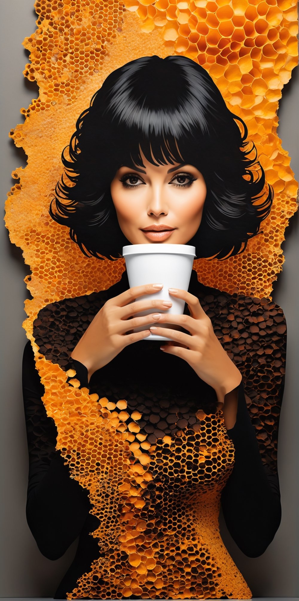 black and light orange colors, (((A degrated and burnt photo imatge))) of a stunningly digital work of an inverted honey comb pattern silhouette of a hiperrealistic and detailed Catherine Bell with a steamy paper cup of coffee in her hand , 3d render, illustration, paintingv0.1, architecture, poster, typography, photo, 3d render, portrait photography