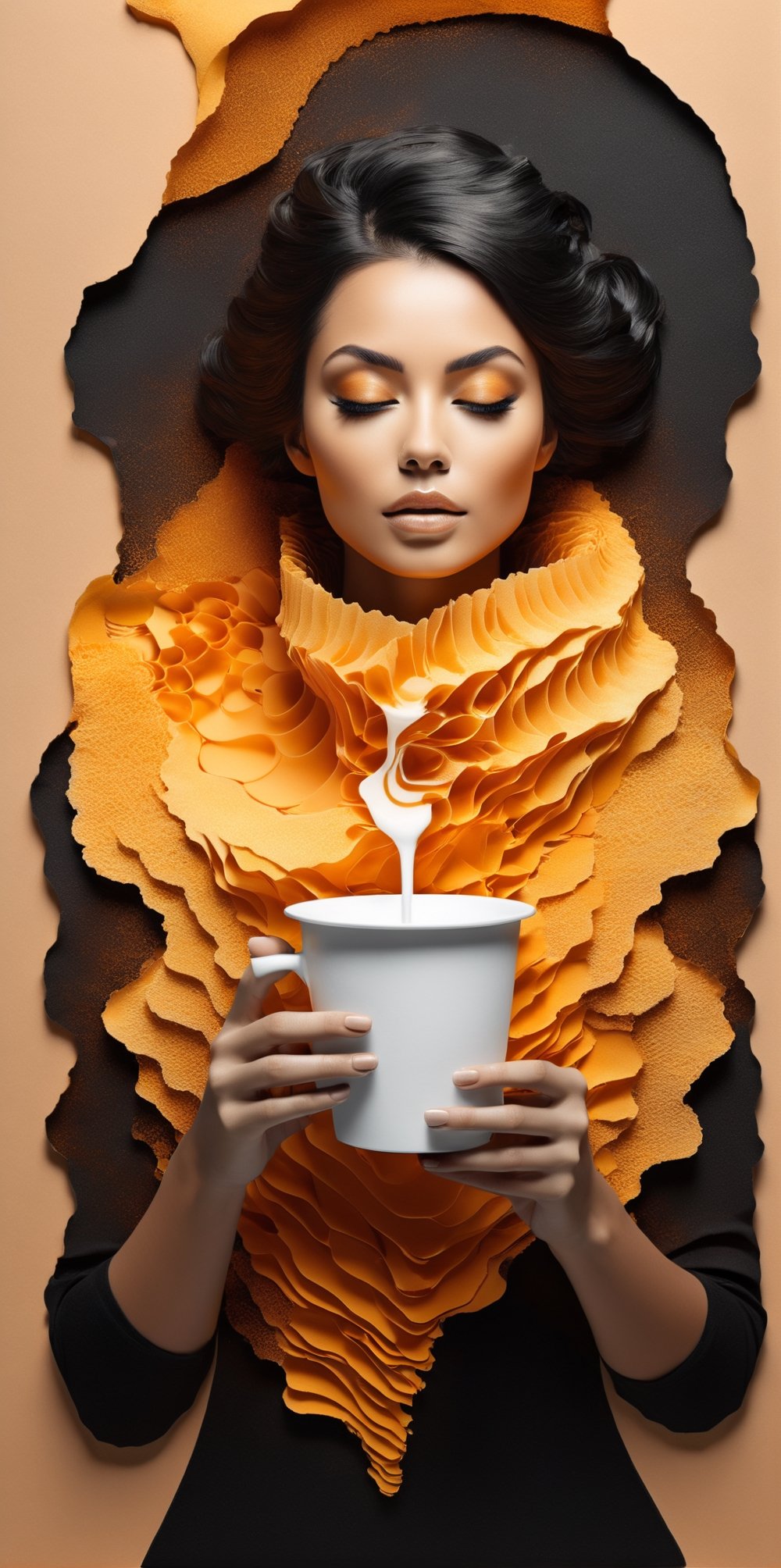 black and light orange colors, (((A degrated and burnt photo imatge))) of a stunningly digital work of an inverted honey comb pattern silhouette of a hiperrealistic and detailed woman with a steamy paper cup of coffee in her hand , 3d render, illustration, paintingv0.1, architecture, poster, typography, photo, 3d render, portrait photography