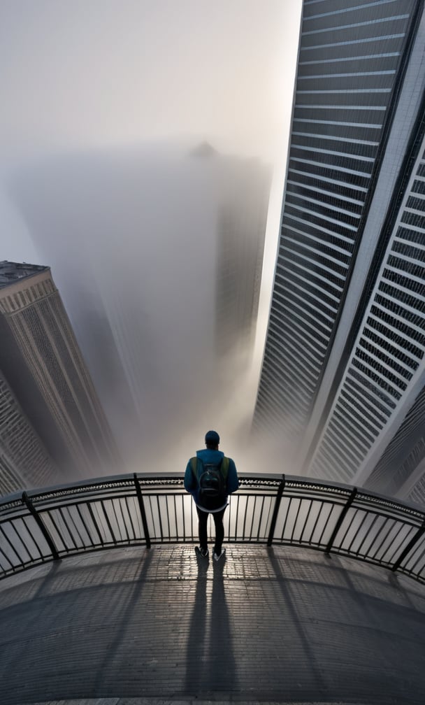 cloudy day, parkor person looking down at the street from balcony on top a giant sky scraper , looking down at streets bekbelo, , a strong fog near the building is seen overtaking the street below  casting shadows, darkend sky, dark clouds, night time
posted in mesmerizing 16K resolution