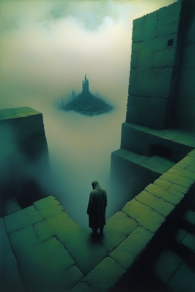  cloudy night, parkor person looking down from on top a giant balcony ,  labyrinth below, , a strong fog  is seen overtaking the labyrinthbelow casting shadows, blackness, dark clouds, night time, art by ZdzisLaw Beksinski, sharp focus, high quality, 4k high resolution, dagobahlnd, art by ZdzisLaw Beksinski,
sharp focus, high quality, 4k high resolution,
dagobahlnd 