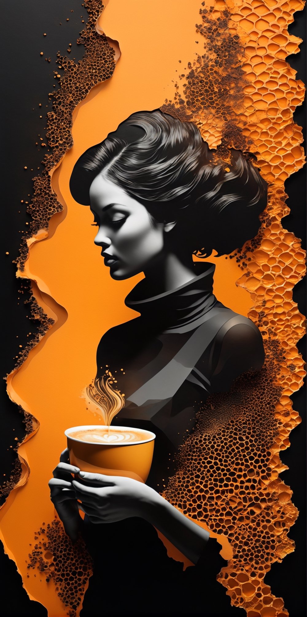 black and light orange colors, (((A degrated and burnt photo imatge))) of a stunningly digital work of an inverted honey comb pattern silhouette of a hiperrealistic and detailed woman with a steamy paper cup of coffee in her hand , 3d render, illustration, paintingv0.1, architecture, poster, typography, photo, 3d render, portrait photography