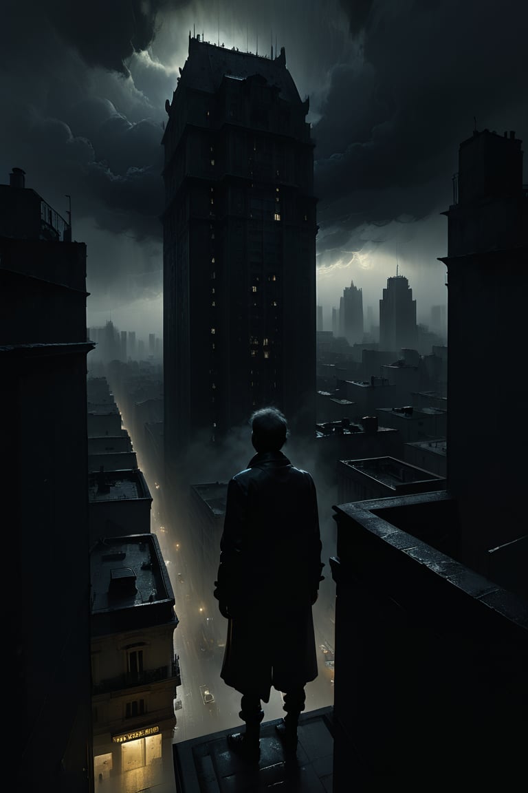  cloudy day, parkor person looking down at the street from balcony on top a giant sky scraper , looking down at streets bekbelo, , a strong fog near the building is seen overtaking the street below casting shadows, black sky, dark clouds, night time, art by ZdzisLaw Beksinski,
sharp focus, high quality, 4k high resolution,
dagobahlnd 