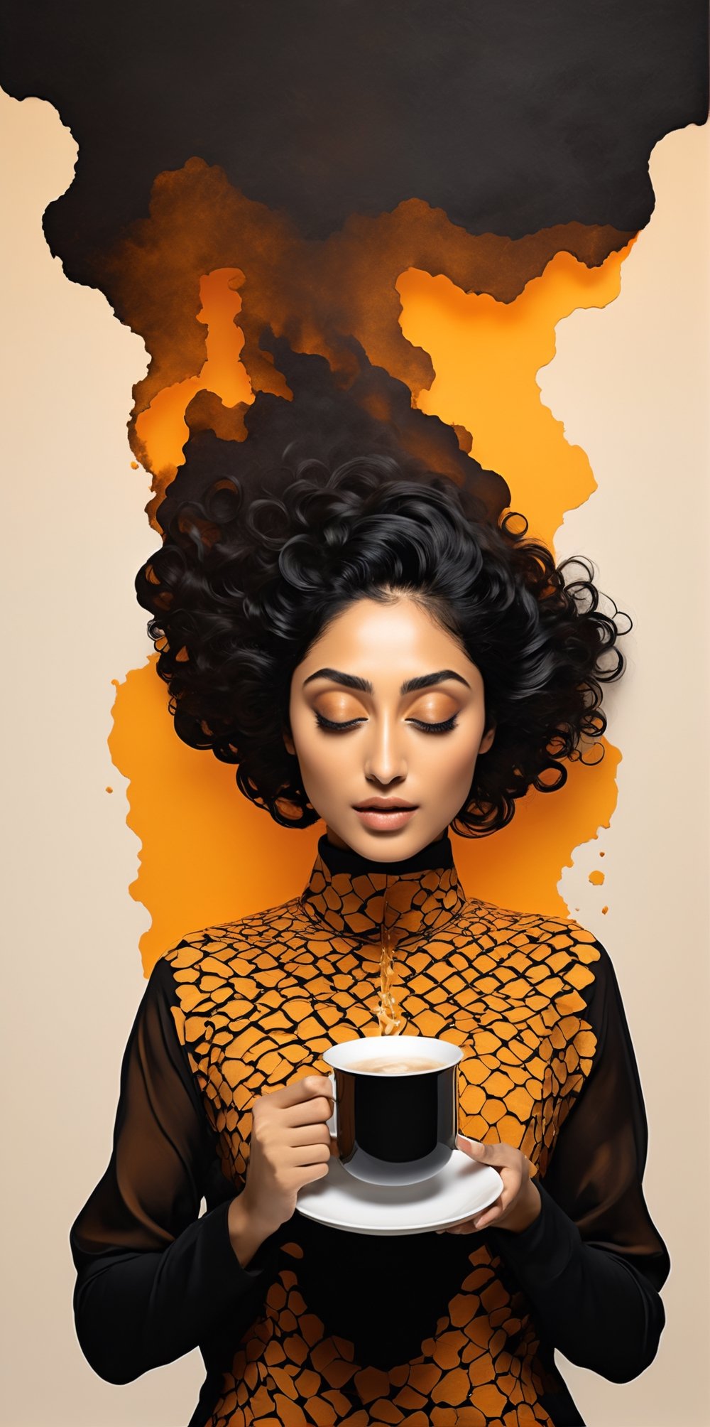 black and light orange colors, (((A degrated and burnt photo imatge))) of a stunningly digital work of an inverted honey comb pattern silhouette of a hiperrealistic and detailed Golshifteh Farahani with a steamy paper cup of coffee in her hand , 3d render, illustration, paintingv0.1, architecture, poster, typography, photo, 3d render, portrait photography