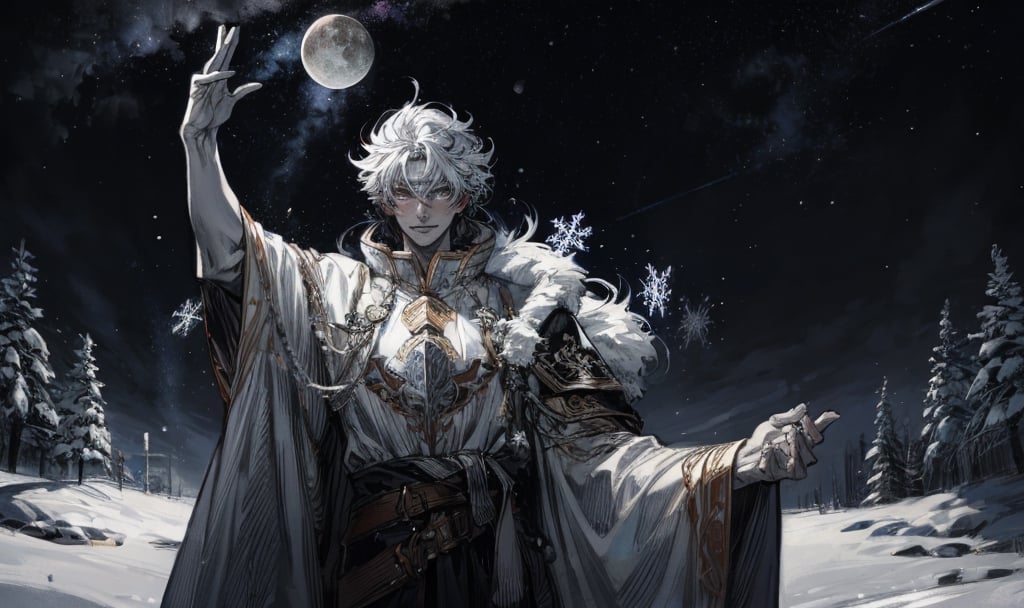   Boreas celestial god of winter, god of blizzards, lord of snowflakes, a sigil of snowflakes dance around its celestial body,High detailed ,Color magic,Saturated colors,cartoon