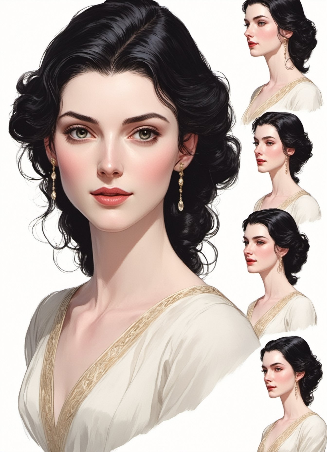 
illustration by Mitchell Hooks, CharacterSheet, white pale skin Niamh Algar , tall 6 feet and elegant, , slightly raised eyebrows, (((delicate facial features))), short flowing black hair, with a natural sheen, Multiple poses, (((side full body))), varieties expressions, Highly detailed, multiple views, photorealistic
 