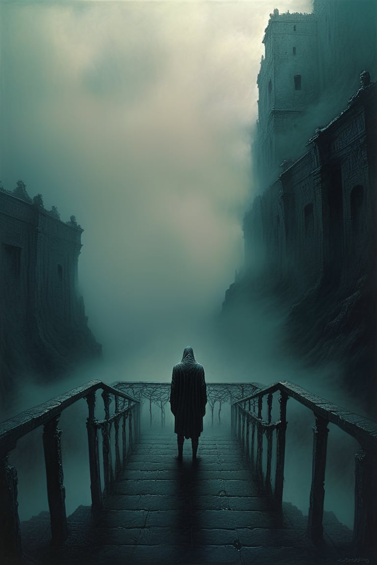  cloudy night, parkor person looking down from on top a giant balcony ,  labyrinth below, , a strong fog  is seen overtaking the labyrinthbelow casting shadows, blackness, dark clouds, night time, art by ZdzisLaw Beksinski, sharp focus, high quality, 4k high resolution, dagobahlnd, art by ZdzisLaw Beksinski,
sharp focus, high quality, 4k high resolution,
dagobahlnd 