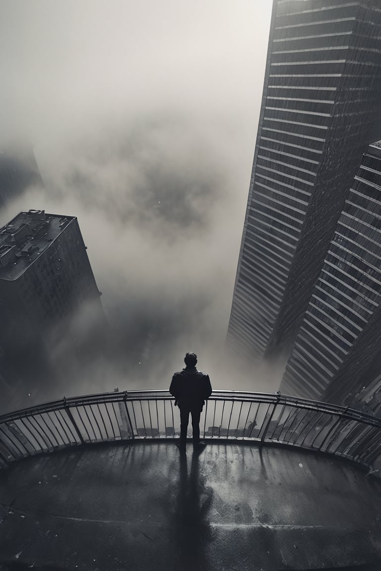  cloudy day, parkor person looking down at the street from balcony on top a giant sky scraper , looking down at streets bekbelo, , a strong fog near the building is seen overtaking the street below casting shadows, black sky, dark clouds, night time, art by ZdzisLaw Beksinski,
sharp focus, high quality, 4k high resolution,
dagobahlnd 