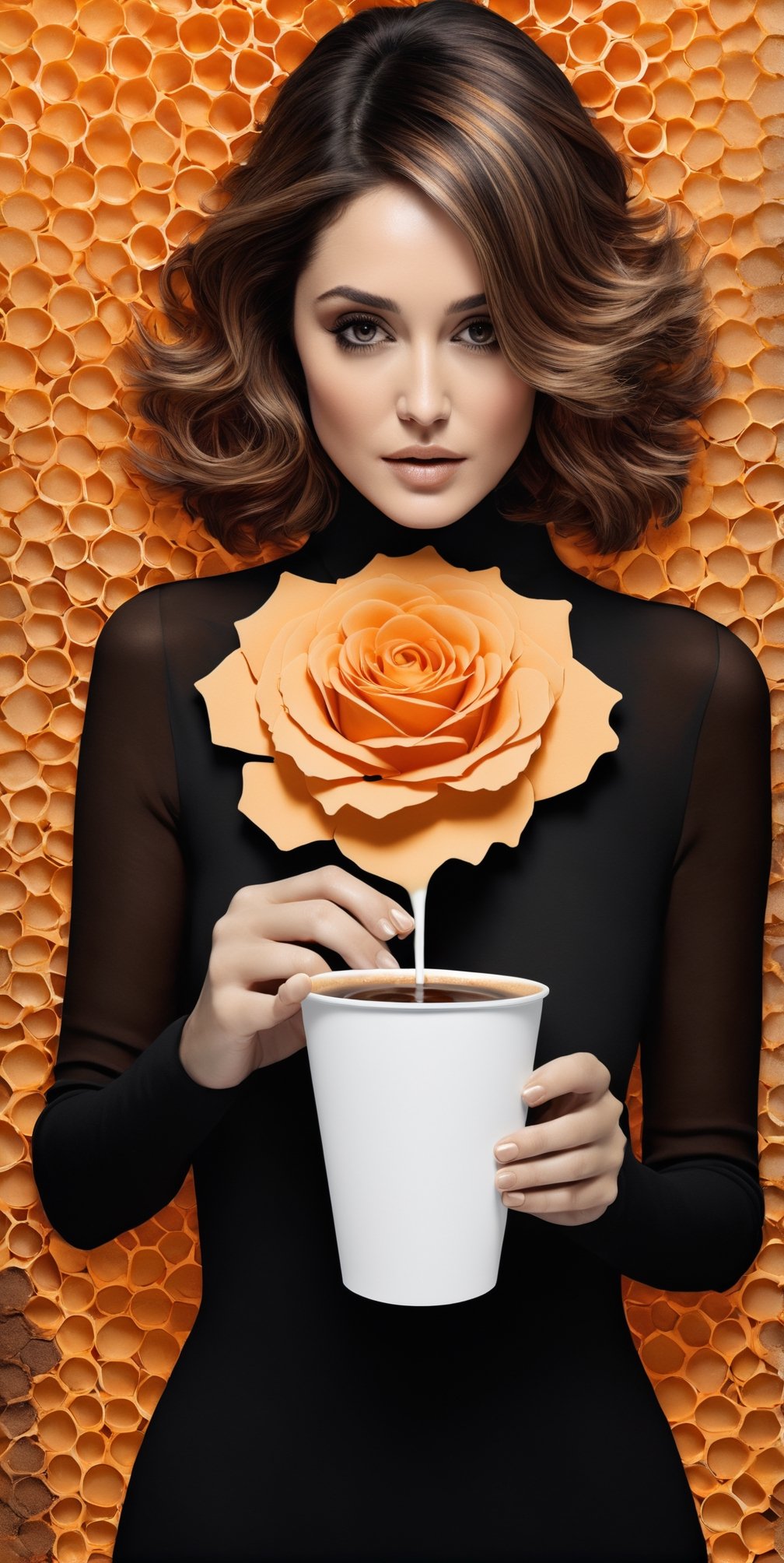 black and light orange colors, (((A degrated and burnt photo imatge))) of a stunningly digital work of an inverted honey comb pattern silhouette of a hiperrealistic and detailed Rose Byrne with a steamy paper cup of coffee in her hand , 3d render, illustration, paintingv0.1, architecture, poster, typography, photo, 3d render, portrait photography