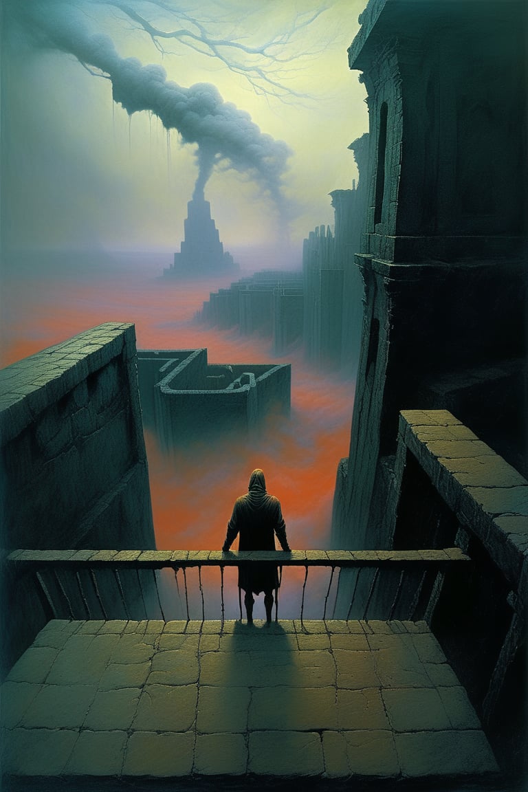  cloudy night, parkor person looking down from on top a giant balcony ,  labyrinth below, , a strong fog  is seen overtaking the labyrinthbelow casting shadows, blackness, dark clouds, night time, art by ZdzisLaw Beksinski, sharp focus, high quality, 4k high resolution, dagobahlnd, art by ZdzisLaw Beksinski,
sharp focus, high quality, 4k high resolution,
dagobahlnd 