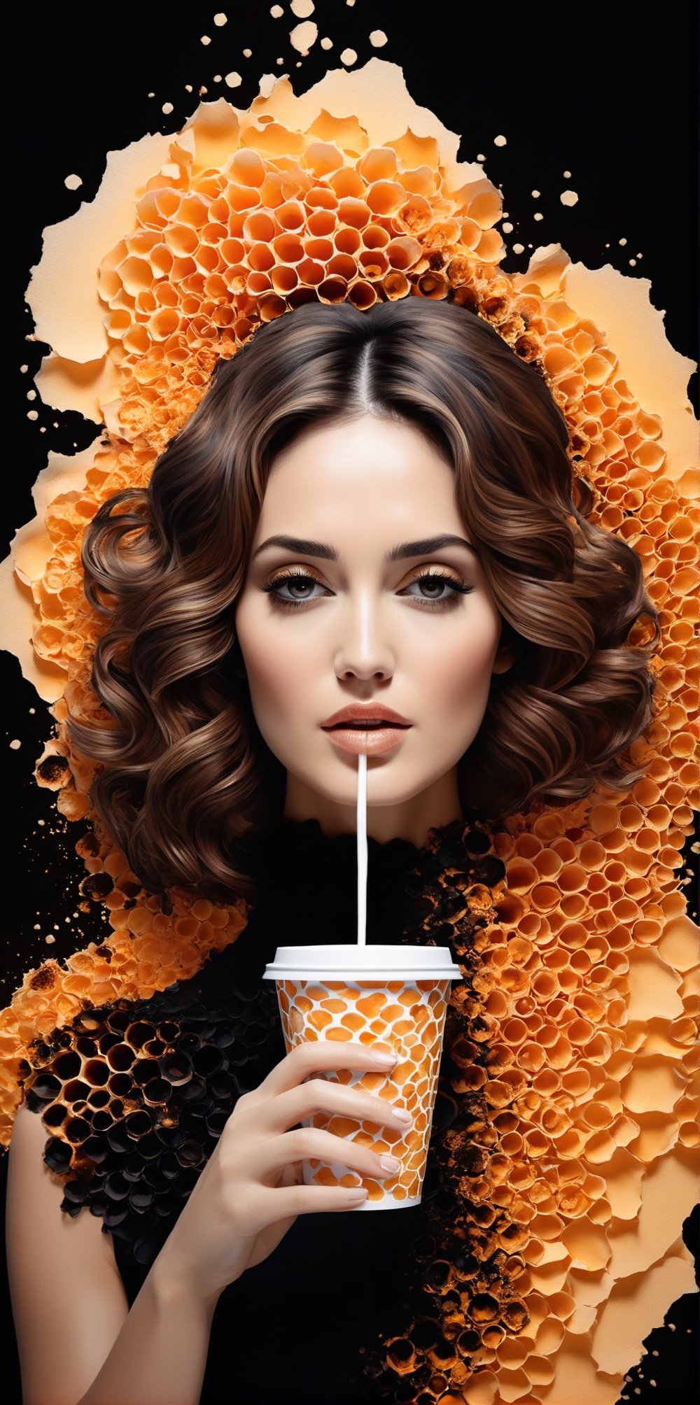 black and light orange colors, (((A degrated and burnt photo imatge))) of a stunningly digital work of an inverted honey comb pattern silhouette of a hiperrealistic and detailed Rose Byrne with a steamy paper cup of coffee in her hand , 3d render, illustration, paintingv0.1, architecture, poster, typography, photo, 3d render, portrait photography