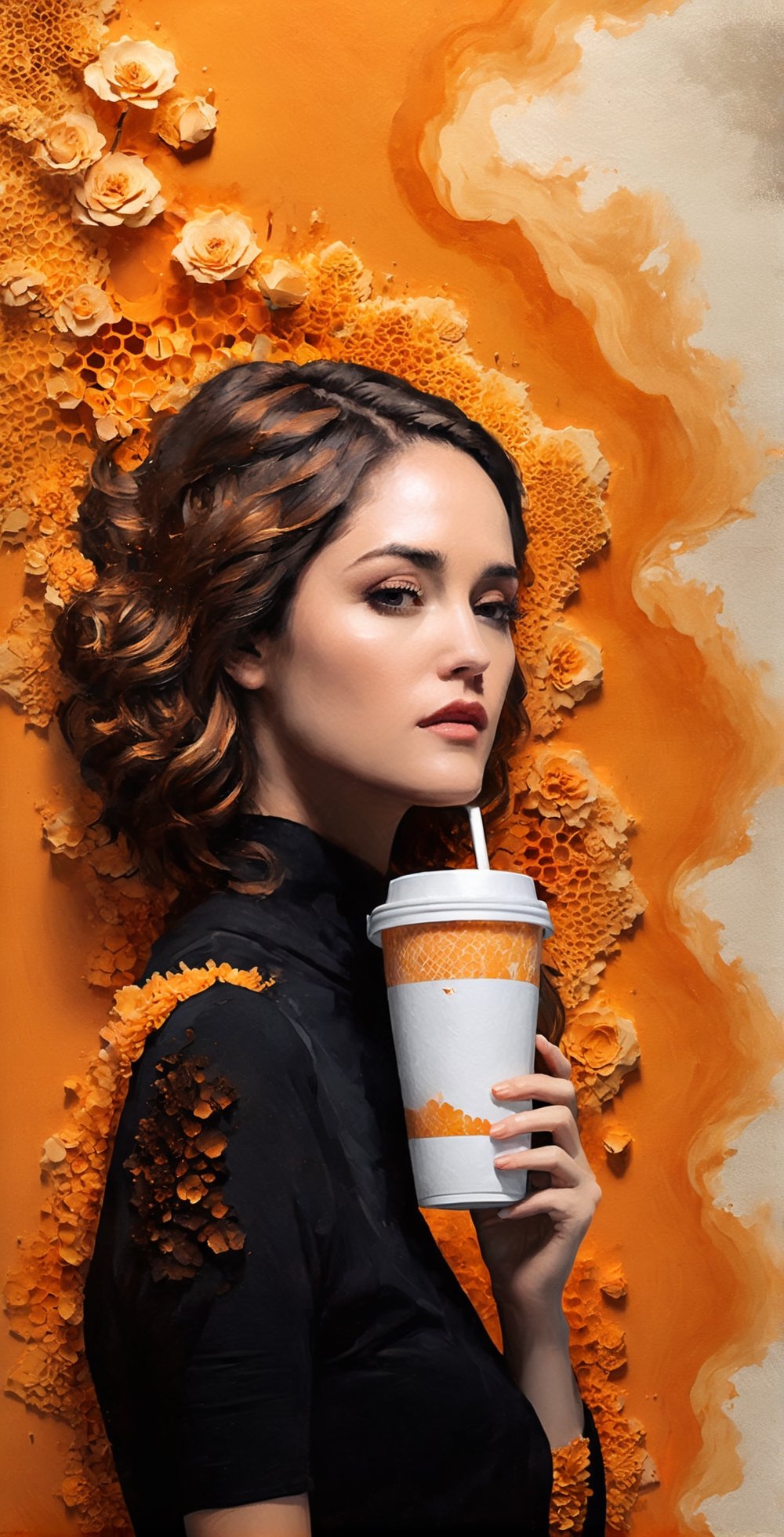 black and light orange colors, (((A degrated and burnt photo imatge))) of a stunningly digital work of an inverted honey comb pattern silhouette of a hiperrealistic and detailed Rose Byrne with a steamy paper cup of coffee in her hand , 3d render, illustration, paintingv0.1, architecture, poster, typography, photo, 3d render, portrait photography, 