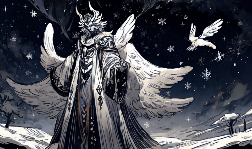   Boreas celestial god of winter, god of blizzards, lord of snowflakes, a sigil of snowflakes dance around its celestial body,High detailed ,Color magic,Saturated colors,cartoon