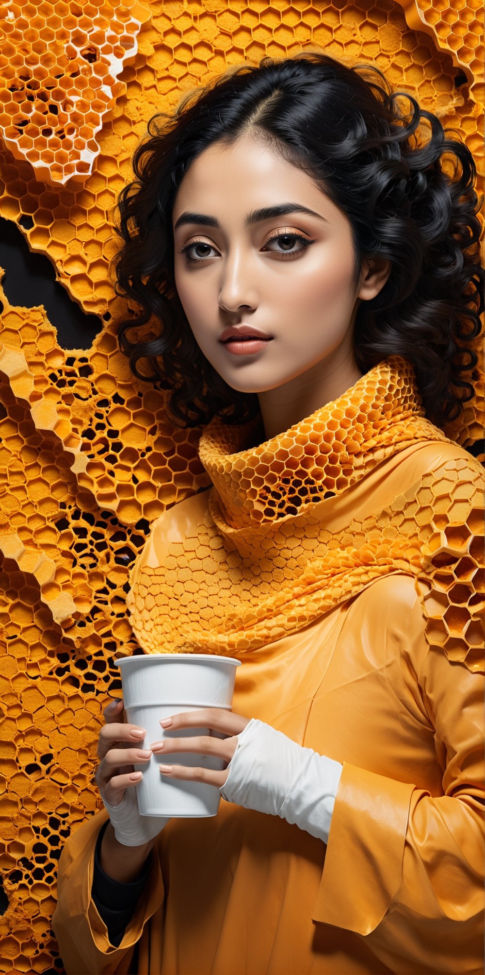 black and light orange colors, (((A degrated and burnt photo imatge))) of a stunningly digital work of an inverted honey comb pattern silhouette of a hiperrealistic and detailed Golshifteh Farahani with a steamy paper cup of coffee in her hand , 3d render, illustration, paintingv0.1, architecture, poster, typography, photo, 3d render, portrait photography,3D MODEL