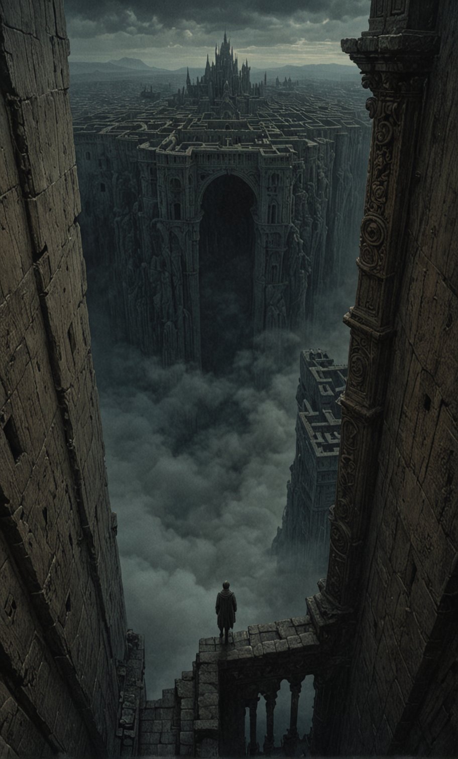  cloudy night, parkor person looking down from on top a giant balcony ,  labyrinth below, , a strong fog  is seen overtaking the labyrinthbelow casting shadows, blackness, dark clouds, night time, art by ZdzisLaw Beksinski, sharp focus, high quality, 4k high resolution, dagobahlnd, art by ZdzisLaw Beksinski,
sharp focus, high quality, 4k high resolution,
dagobahlnd 