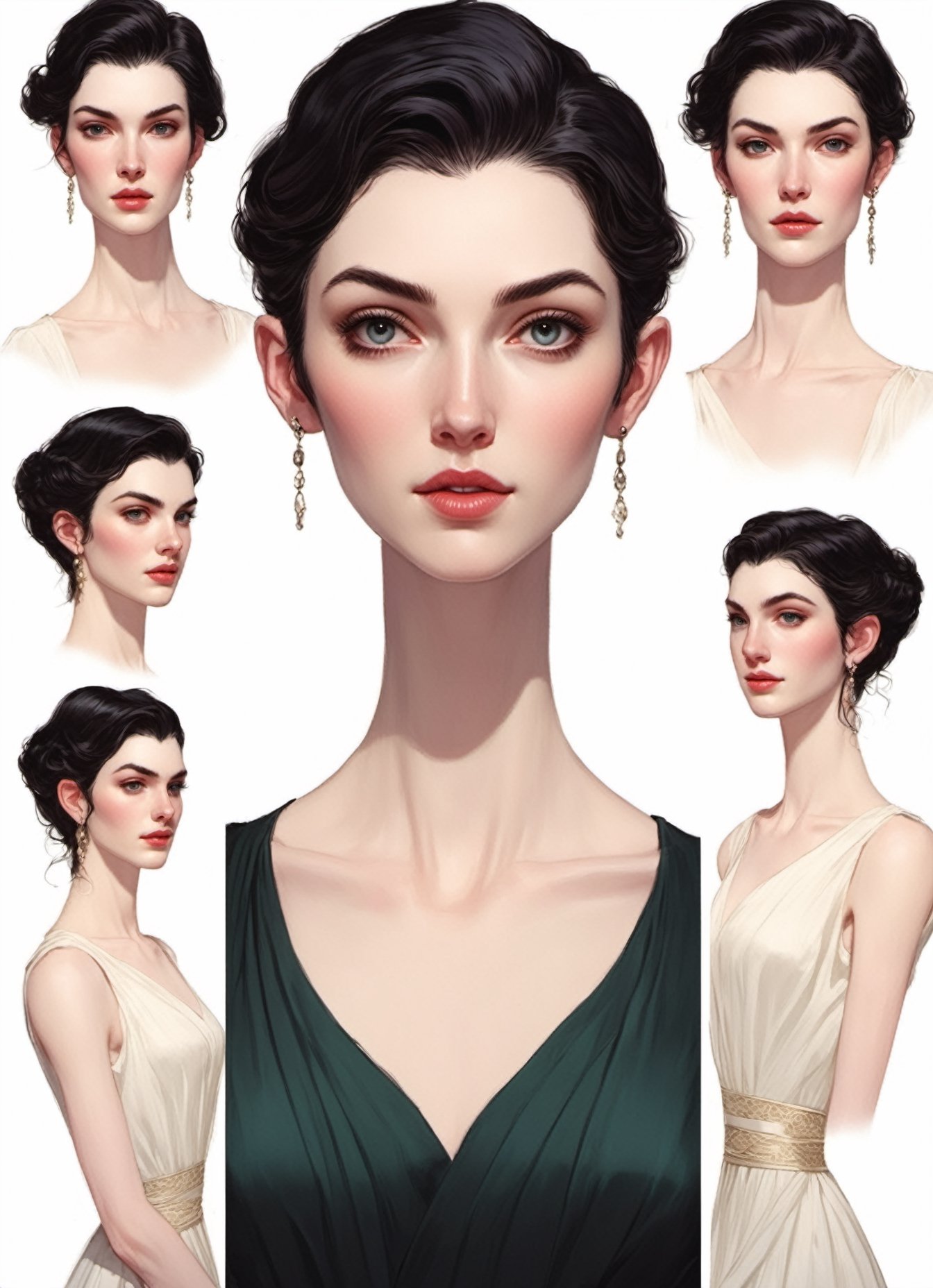 
illustration by Mitchell Hooks, CharacterSheet, white pale skin Niamh Algar , tall 6 feet tall , slightly raised eyebrows, (((delicate facial features))), short flowing black hair, with a natural sheen, Multiple poses, (((side full body))), varieties expressions, Highly detailed, multiple views, photorealistic
 