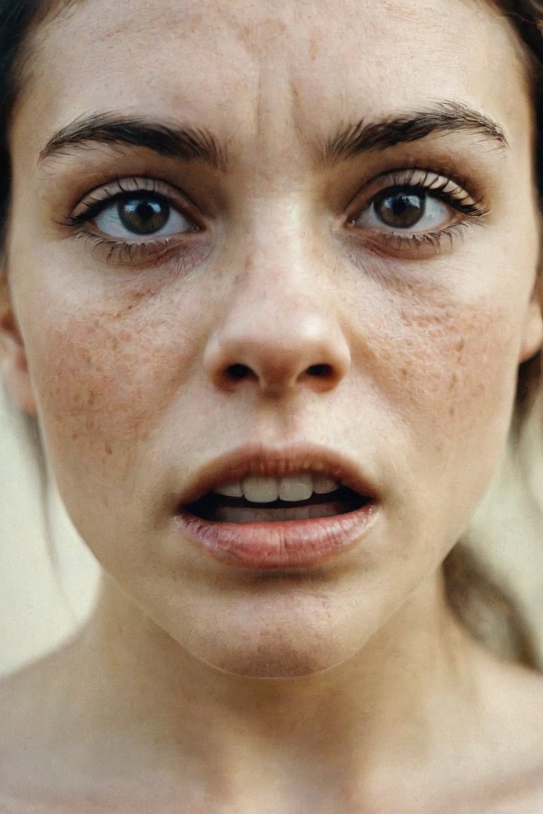 Film still, cinematic, terrified, photo of a cute woman 30 y.o, detailed skin texture, shot on film, vibrant colors, natural skin color