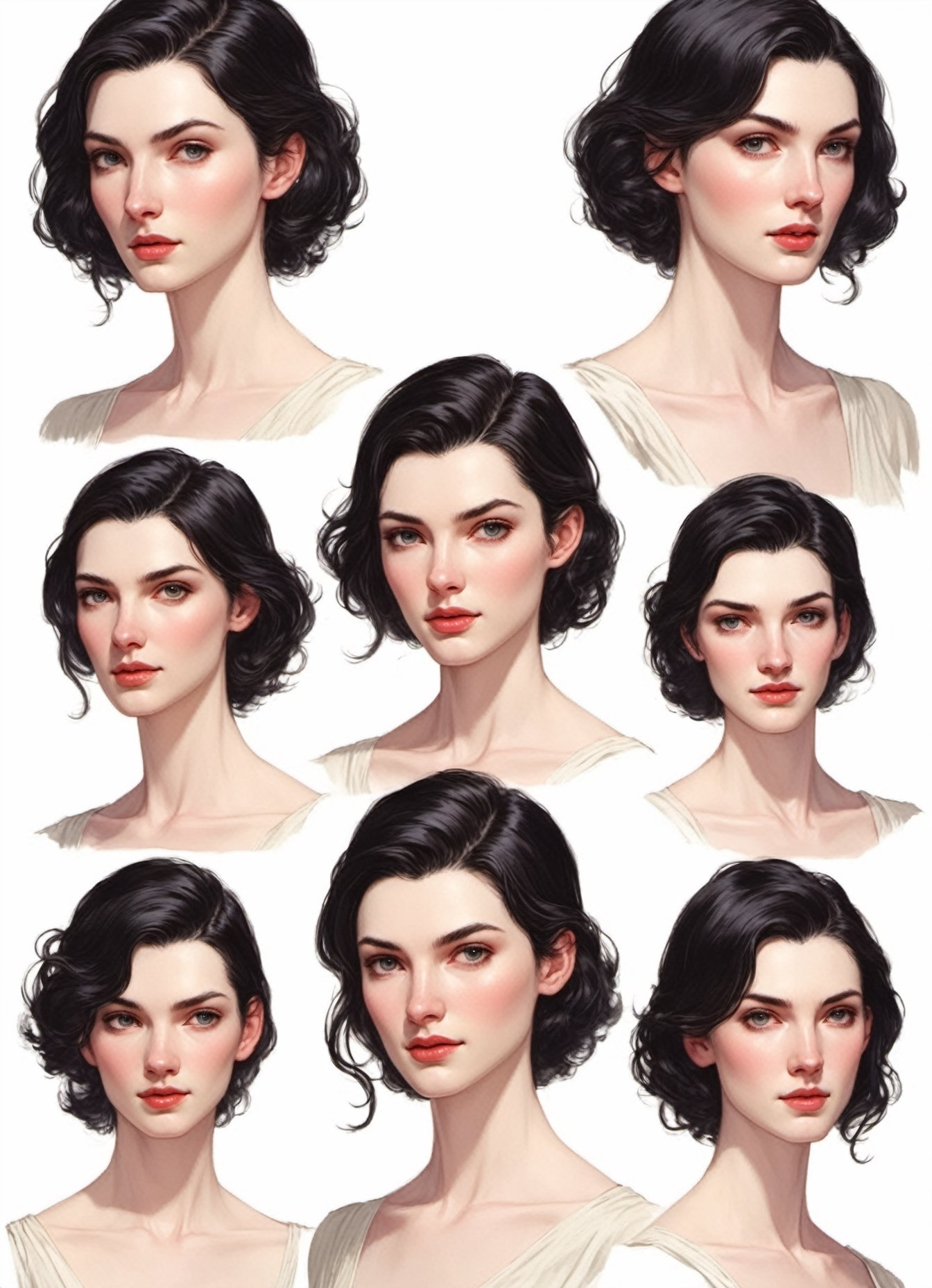 
illustration by Mitchell Hooks, CharacterSheet, white pale skin Niamh Algar , tall 6 feet tall , slightly raised eyebrows, (((delicate facial features))), short flowing black hair, with a natural sheen, Multiple poses, (((side full body))), varieties expressions, Highly detailed, multiple views, photorealistic
 