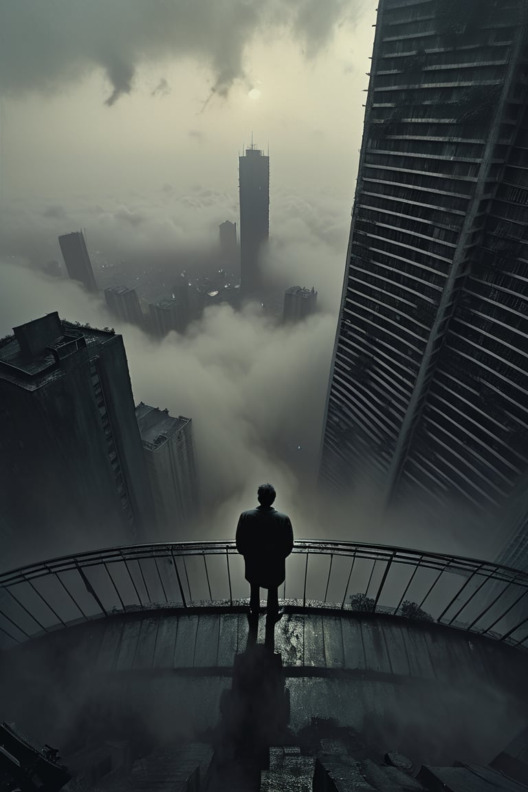  cloudy day, parkor person looking down at the street from balcony on top a giant sky scraper , looking down at streets bekbelo, , a strong fog near the building is seen overtaking the street below casting shadows, black sky, dark clouds, night time, art by ZdzisLaw Beksinski,
sharp focus, high quality, 4k high resolution,
dagobahlnd 