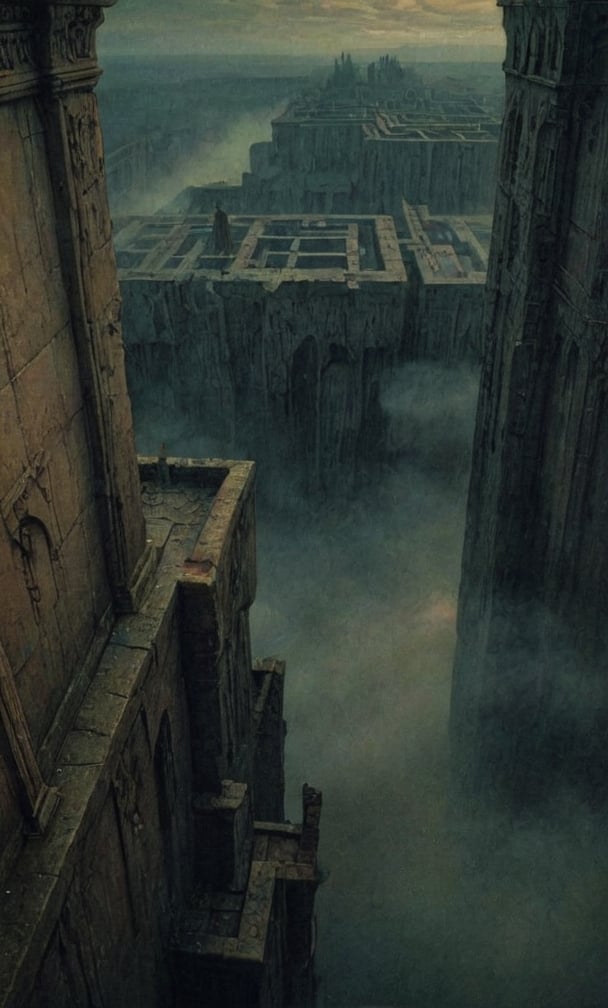  cloudy night, parkor person looking down from on top a giant balcony ,  labyrinth below, , a strong fog  is seen overtaking the labyrinthbelow casting shadows, blackness, dark clouds, night time, art by ZdzisLaw Beksinski, sharp focus, high quality, 4k high resolution, dagobahlnd, art by ZdzisLaw Beksinski,
sharp focus, high quality, 4k high resolution,
dagobahlnd 