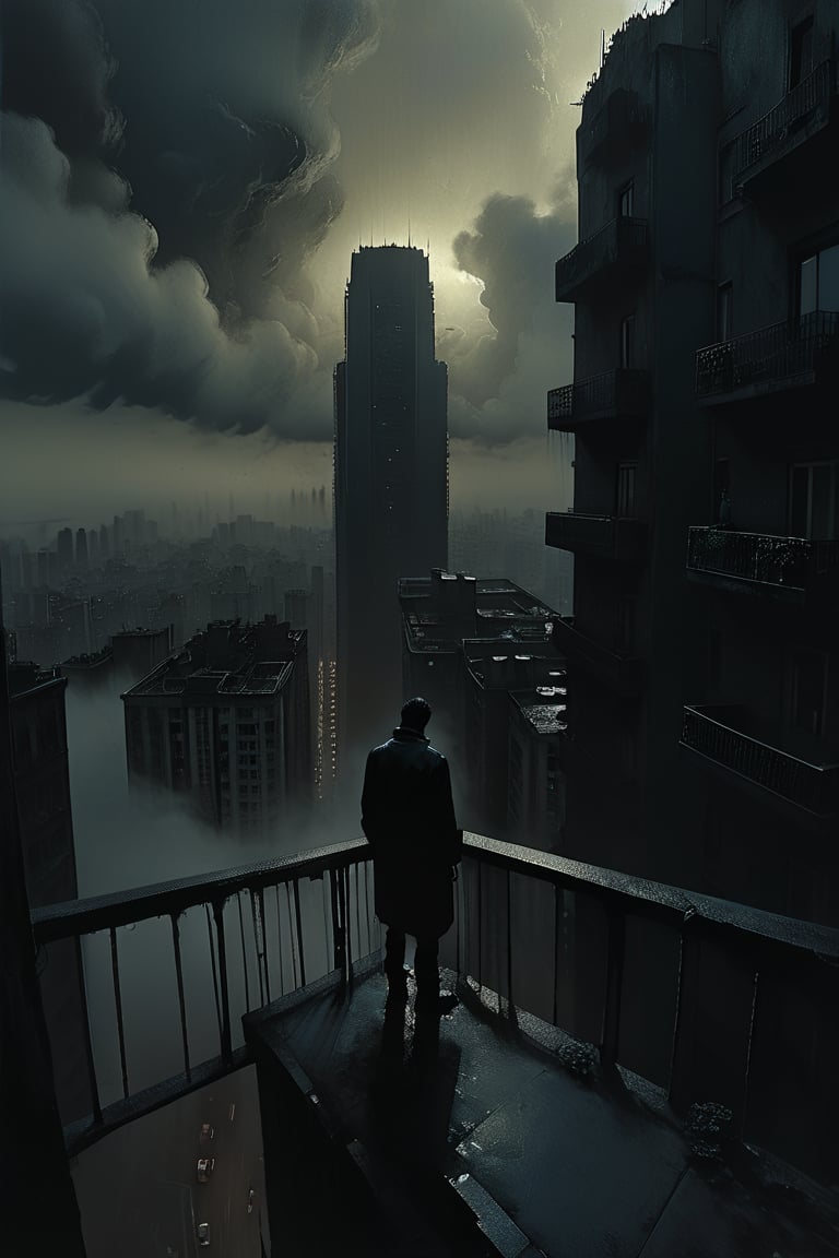  cloudy day, parkor person looking down at the street from balcony on top a giant sky scraper , looking down at streets bekbelo, , a strong fog near the building is seen overtaking the street below casting shadows, black sky, dark clouds, night time, art by ZdzisLaw Beksinski,
sharp focus, high quality, 4k high resolution,
dagobahlnd 