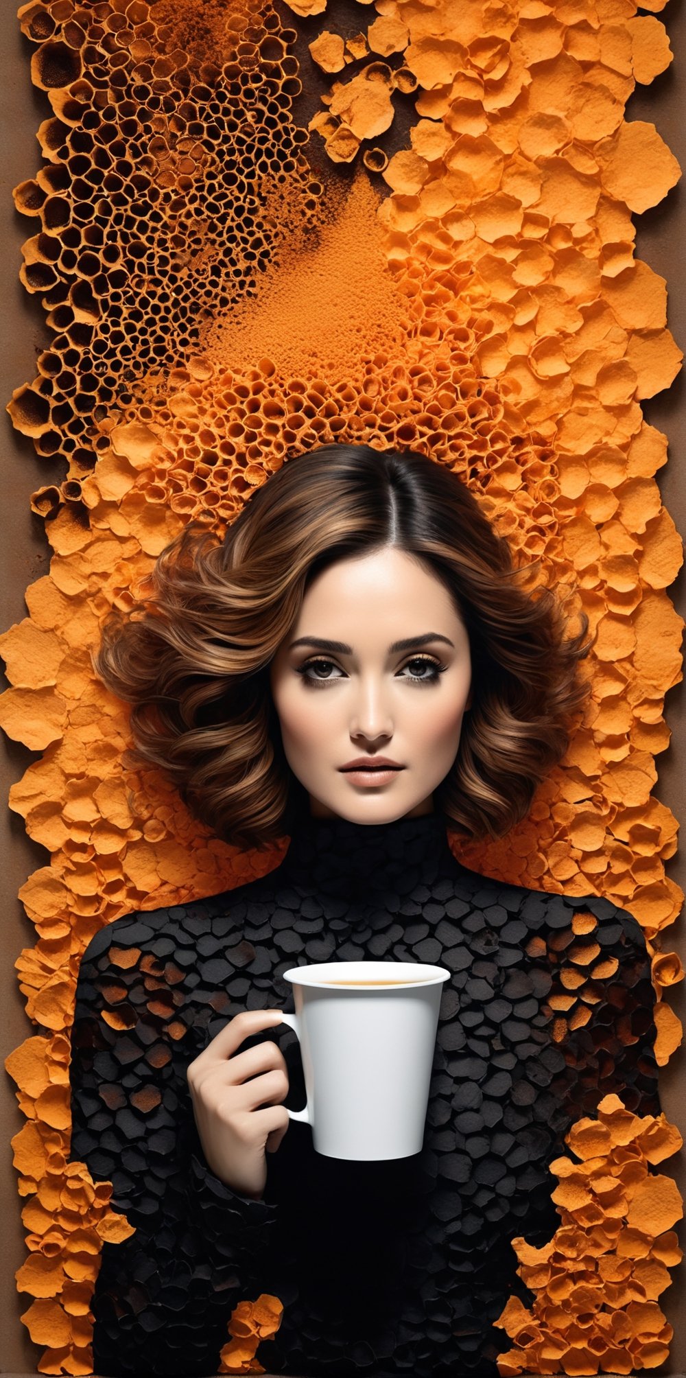 black and light orange colors, (((A degrated and burnt photo imatge))) of a stunningly digital work of an inverted honey comb pattern silhouette of a hiperrealistic and detailed Rose Byrne with a steamy paper cup of coffee in her hand , 3d render, illustration, paintingv0.1, architecture, poster, typography, photo, 3d render, portrait photography