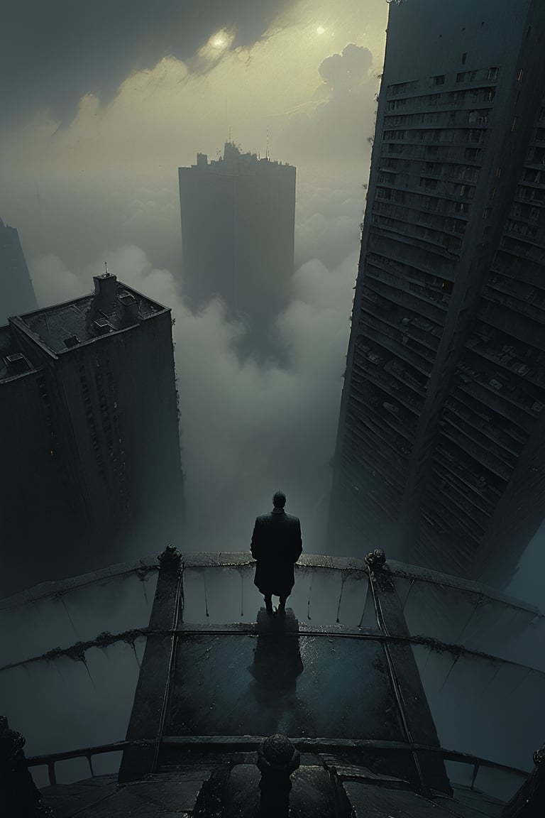  cloudy day, parkor person looking down at the street from balcony on top a giant sky scraper , looking down at streets bekbelo, , a strong fog near the building is seen overtaking the street below casting shadows, black sky, dark clouds, night time, art by ZdzisLaw Beksinski,
sharp focus, high quality, 4k high resolution,
dagobahlnd 